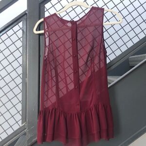 Theory peplum ruffle maroon sleeveless sheer top